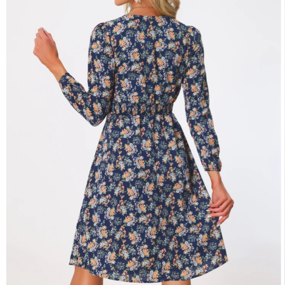 Allegra K Vneck Longsleeve Blue And Orange Floral Dress - Picture 2 of 6